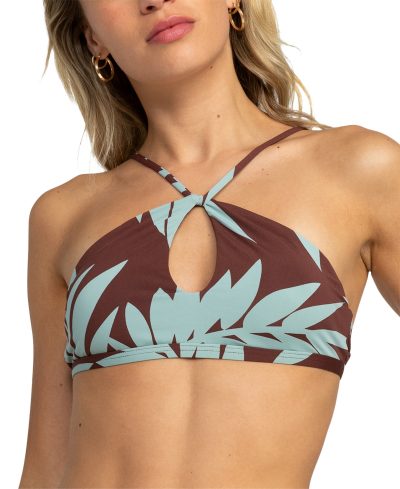 Roxy Juniors' Printed Palm Cruz Keyhole Bralette Bikini Top - Bitter Chocolate Palmeria