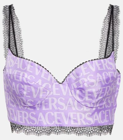 Versace Logo silk satin and lace bralette