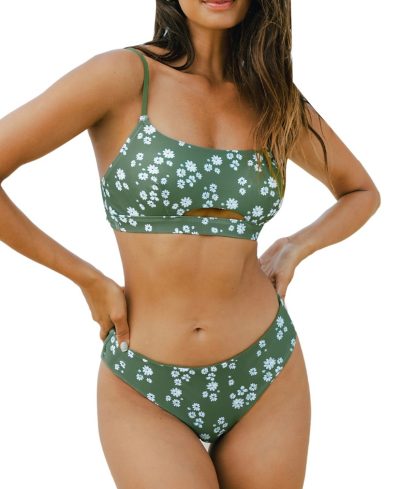 Women's Floral Cut-Out Bralette & Reversible Bottoms Bikini Sets - Green