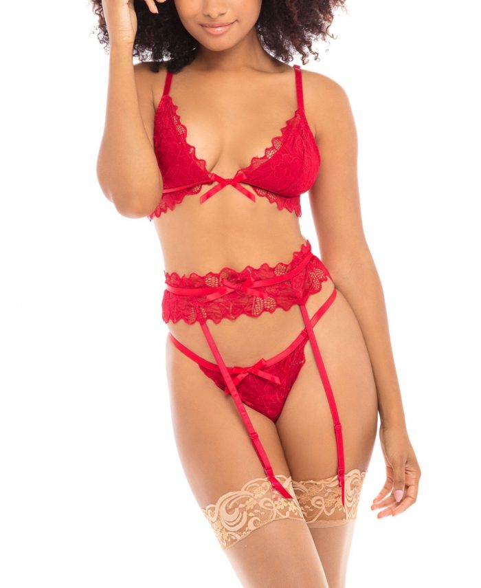 Women's Soft Lace Bralette, Garter and Matching Panty 3pc Lingerie Set - Red