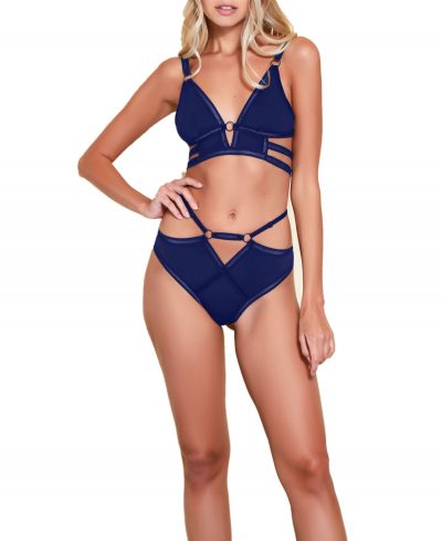 Women's Tristen Caged Strappy Bralette and Panty Set - Navy, Blue
