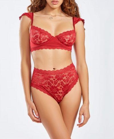 iCollection Women's 2 Piece Lace Bralette and Panty Lingerie Set - Red